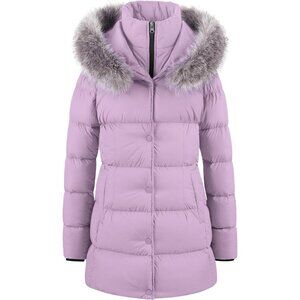 Women's Taro Purple Long Snow Puffer Jacket Coat Removable Faux Fur Trim Winter